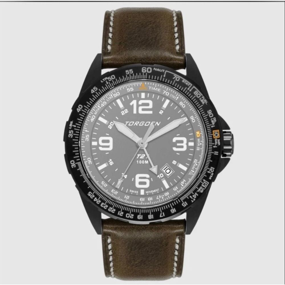 Torgoen TN-1285 T21 Grey Sapphire 44mm Watch Vintage Leather Strap Classic NWT